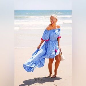 SUNDRESS  Alena Dress in Light Blue & Pink Gingham Plaid High Low Size M / L